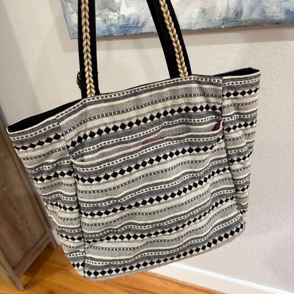 Steve Madden black and white and gold Raine boho Tote woven tassel sequin